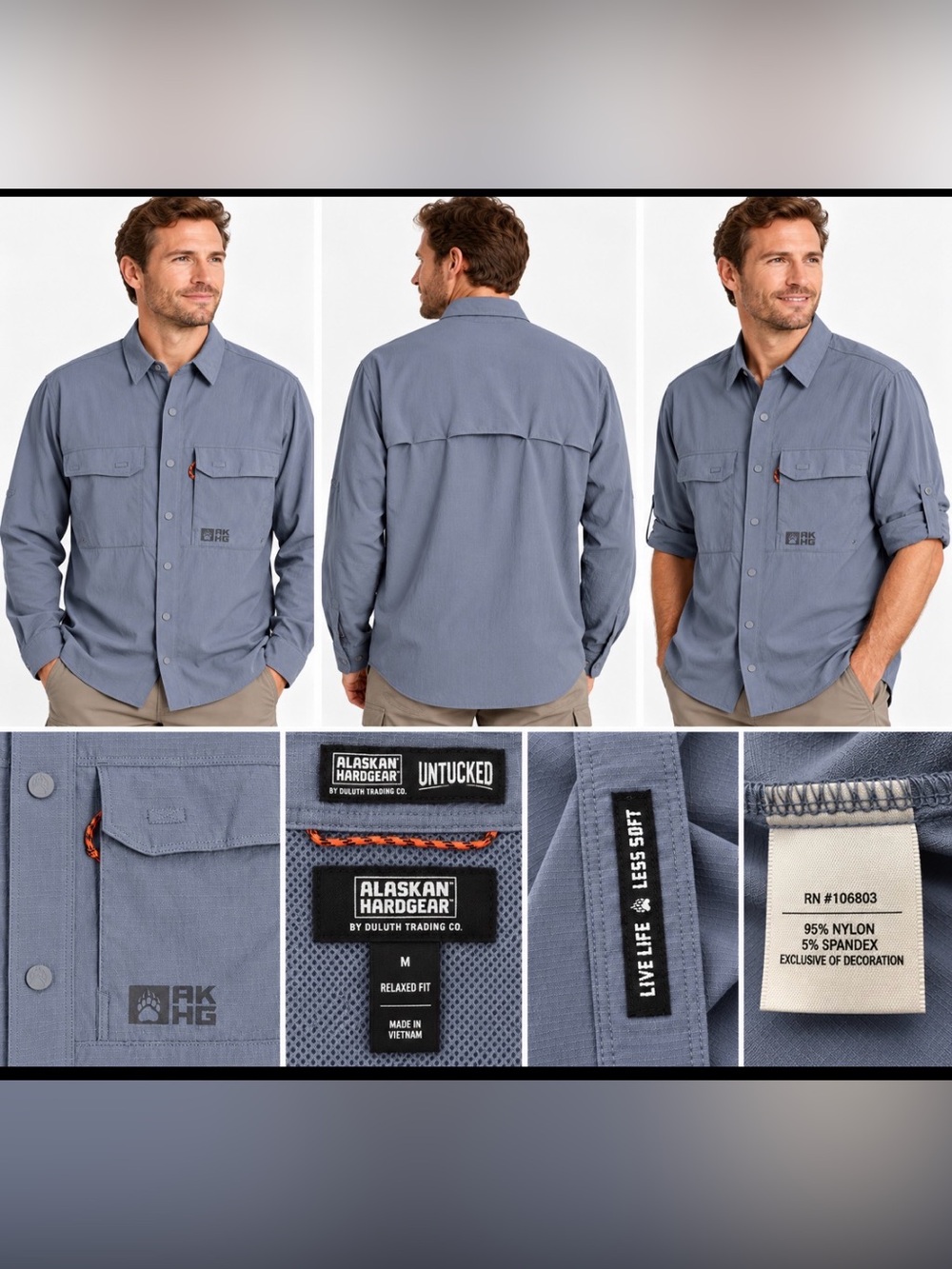 Alaskan Hardgear AKHG Men’s M Gray Blue Nylon Stretch Utility Shirt Relaxed Fit